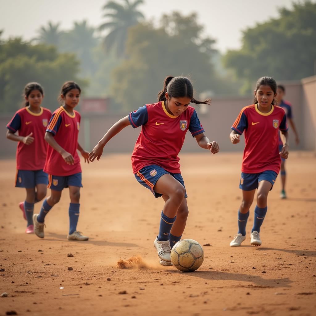 Young Indian girls playing football