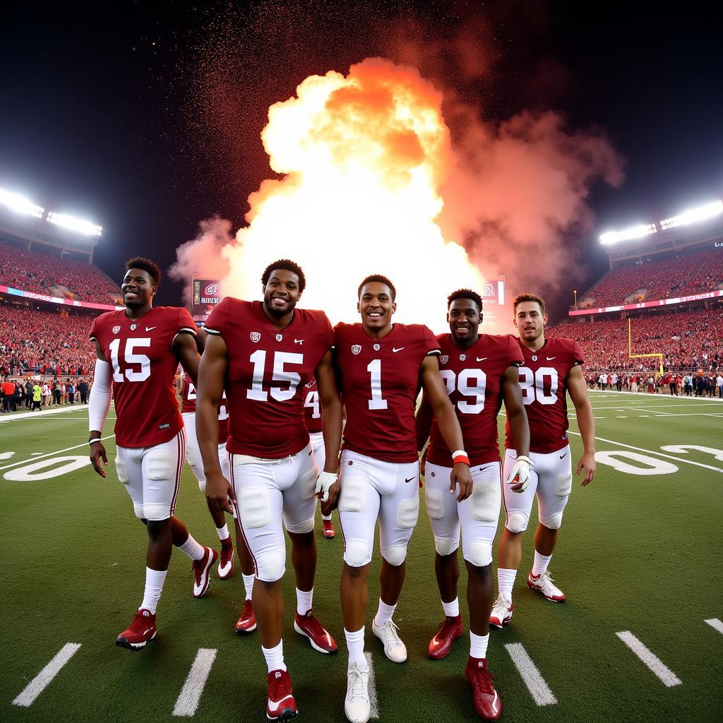 Alabama celebrates after the game-winning touchdown in overtime against Georgia during the 2018 College Football Playoff National Championship.