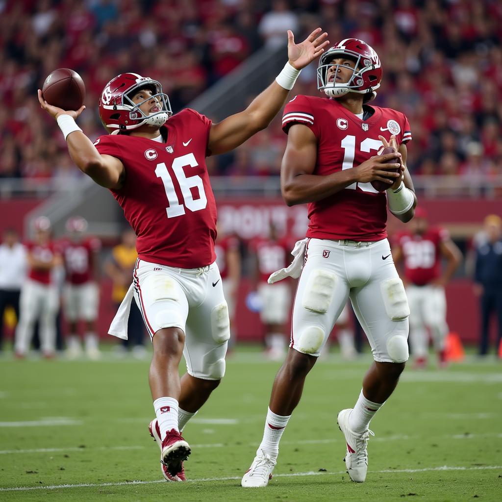 Tua Tagovailoa throws a pass during the 2018 College Football Playoff National Championship game.