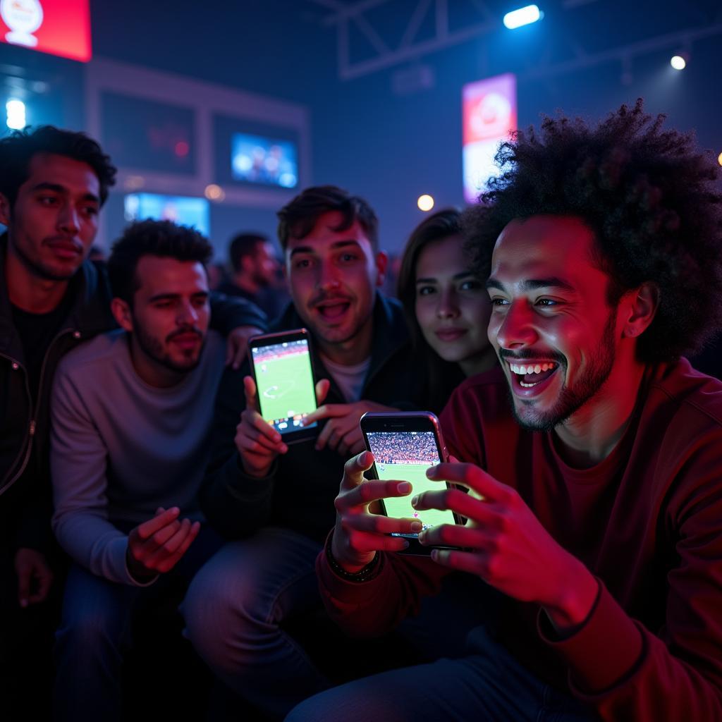 Fans watching Champions League football on their phones via live streaming