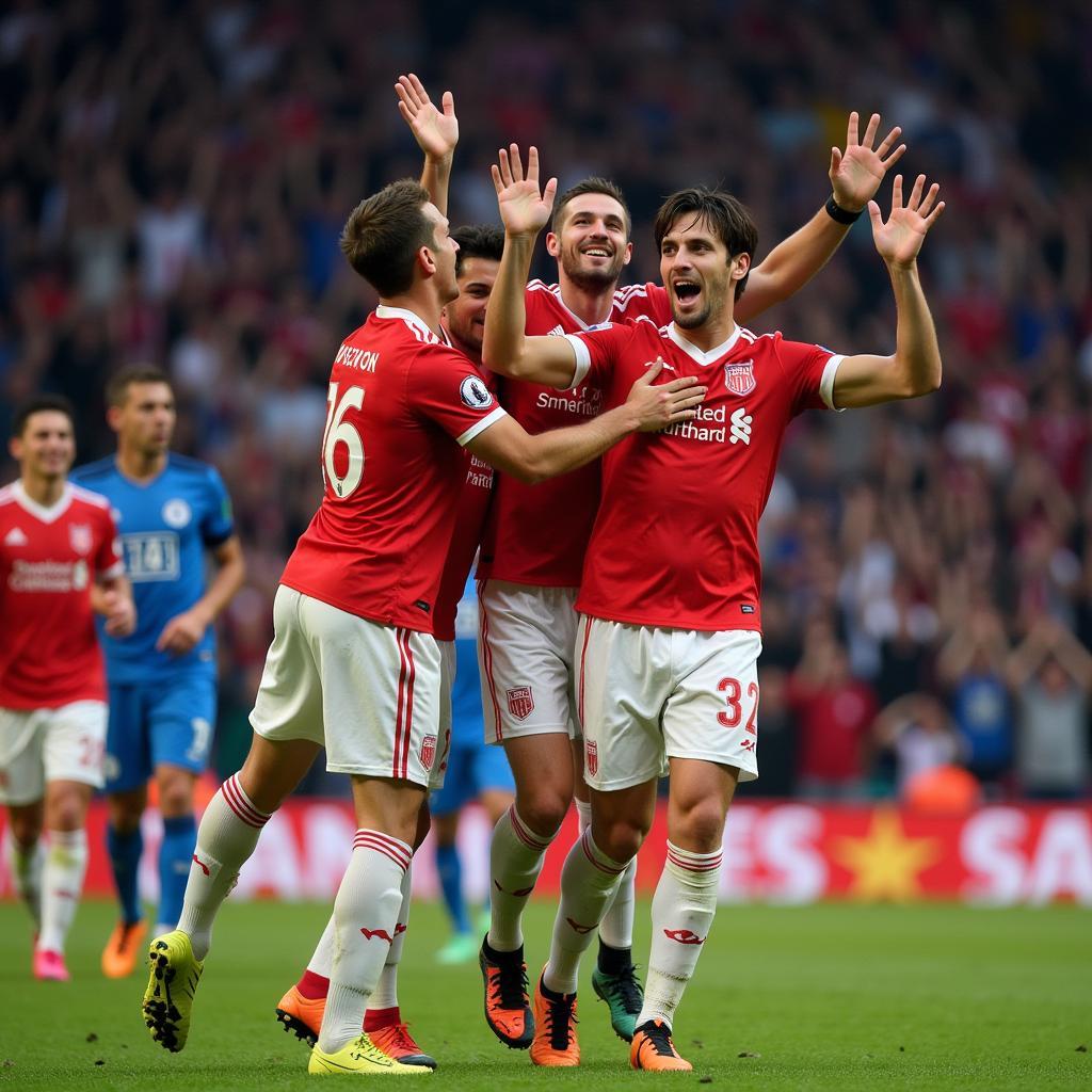 Players celebrating a goal during a 3pm football game