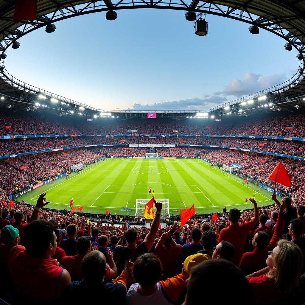 Fans cheering at a packed stadium during a 3pm football game