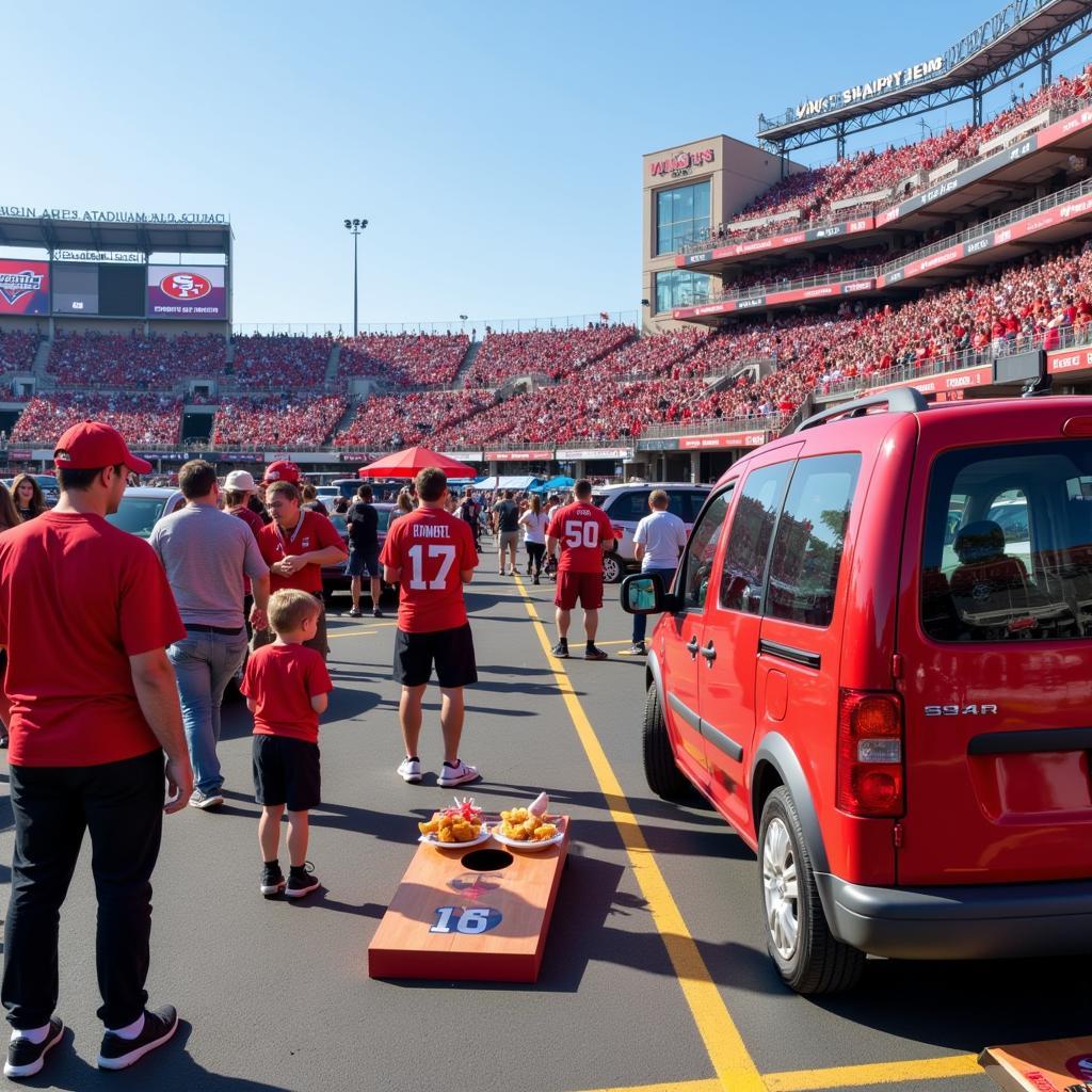 Fans enjoying a lively tailgate party before a 49ers game, grilling food, playing games, and wearing team colors.