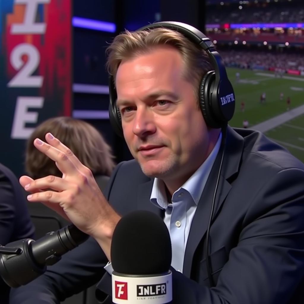 A charismatic radio host engaging with callers on a live football phone-in podcast, with headphones on and a focused expression.