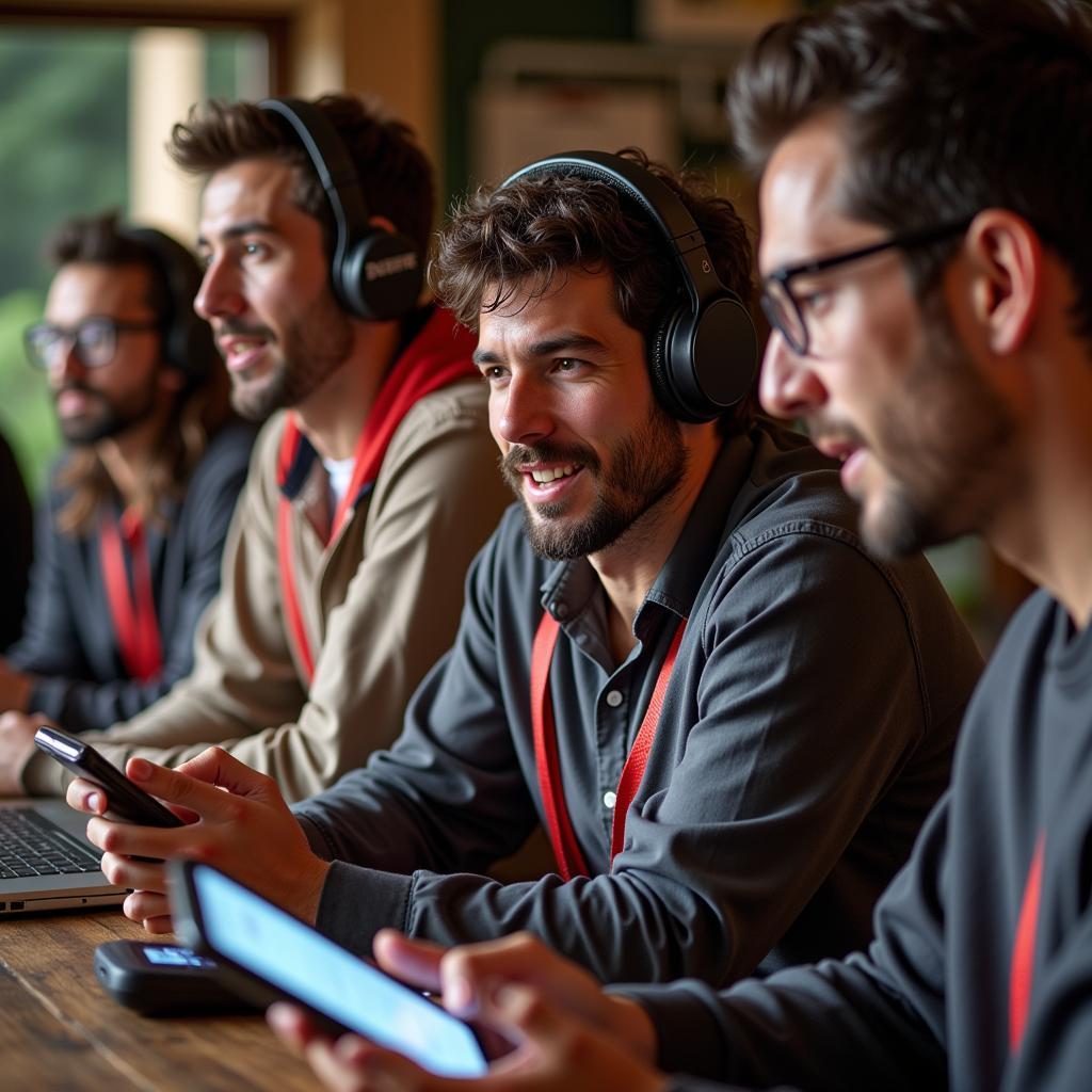 Diverse group of football fans listening to a podcast on their phones and laptops, showing expressions of excitement, frustration, and engagement.