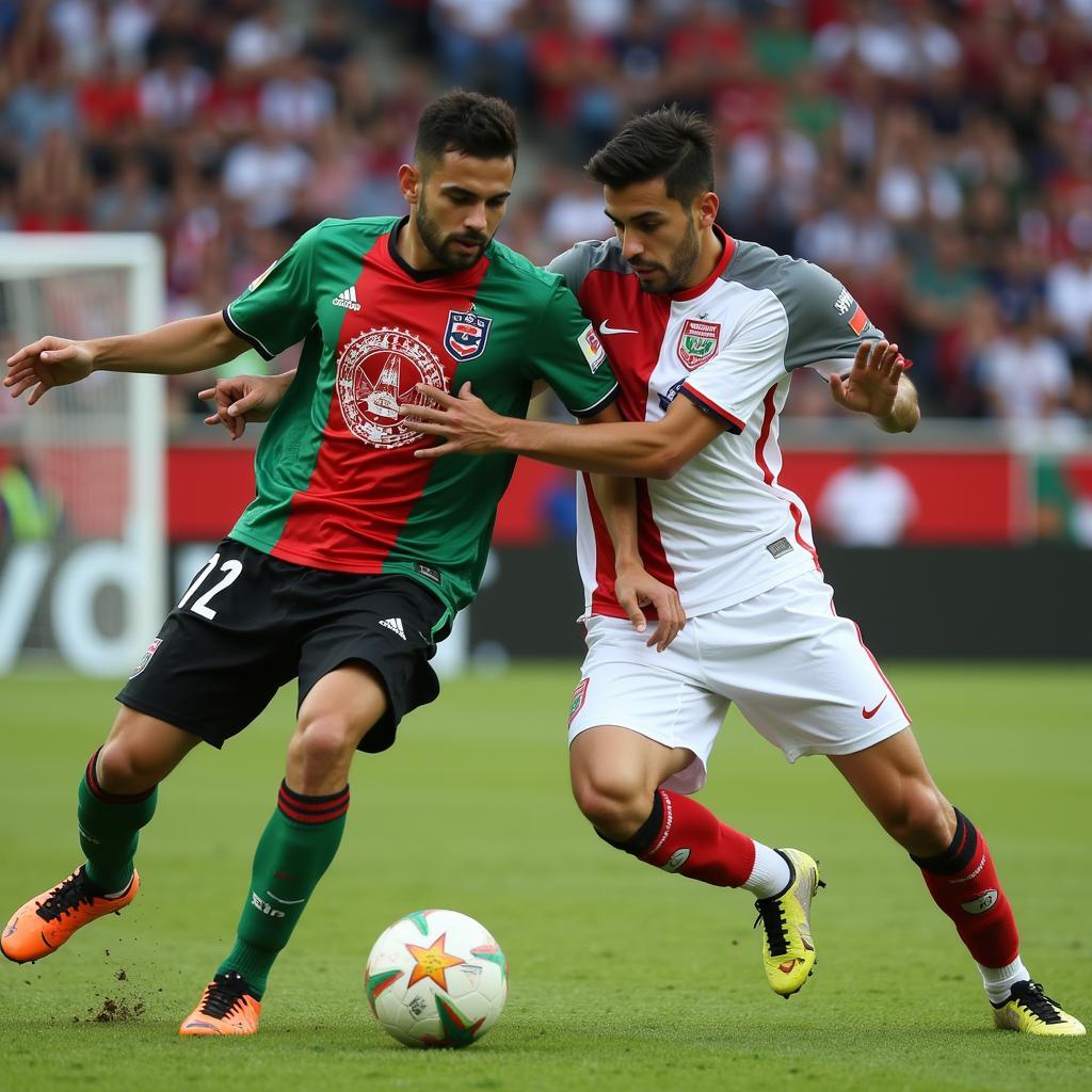 Afghanistan and Palestine players engaged in a tactical battle during a live football match.