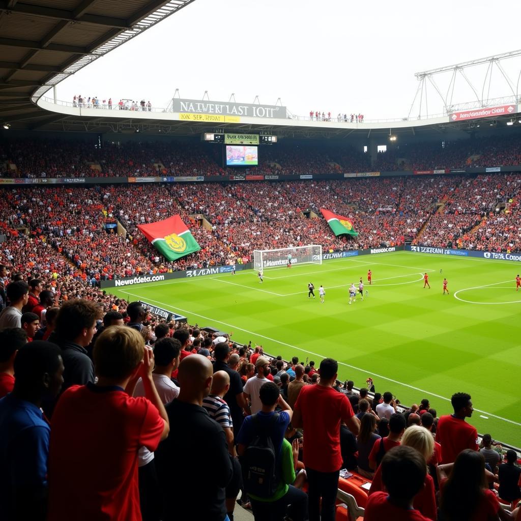 Crowds cheering in a vibrant African football stadium during a live match