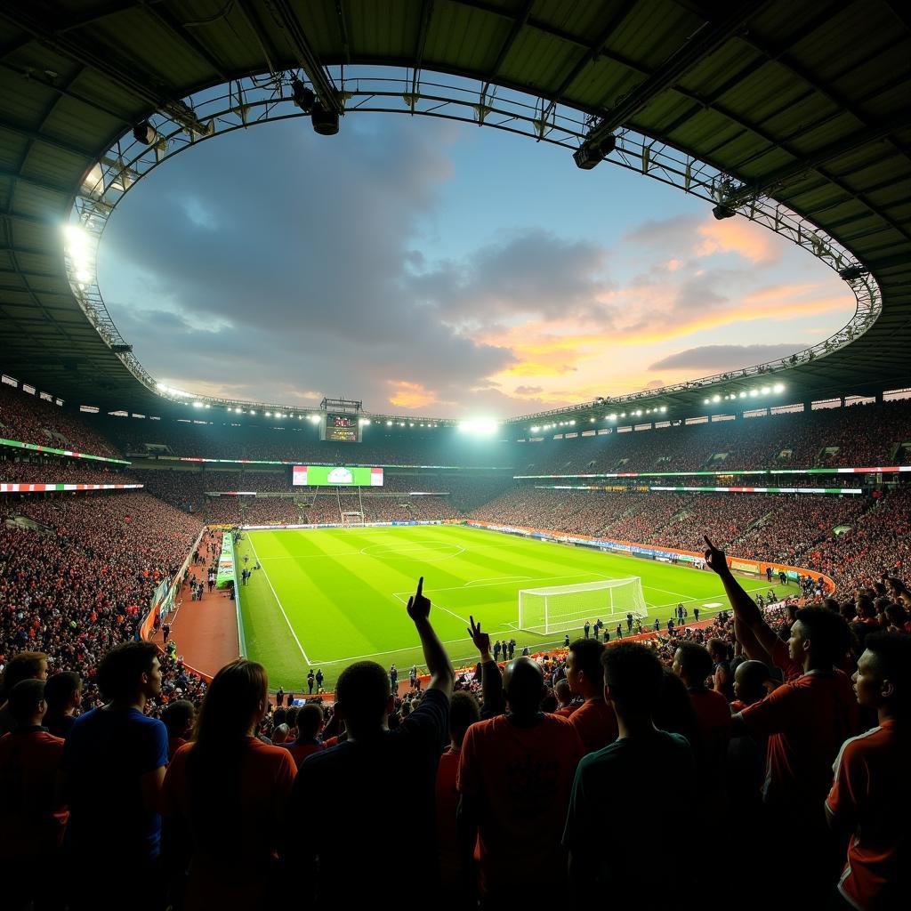 Vibrant atmosphere inside an African football stadium during a live match.