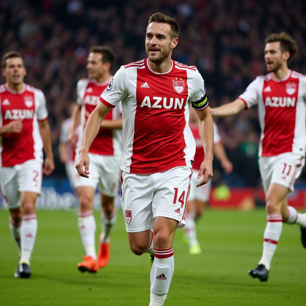 Ajax players celebrating a goal during their impressive Champions League run in 2019.