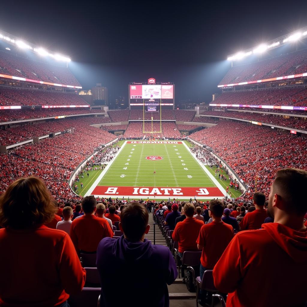 Alabama vs. Clemson Rivalry Live Stream: Image shows a packed stadium during a tense moment of an Alabama-Clemson game, with fans from both sides on the edge of their seats.