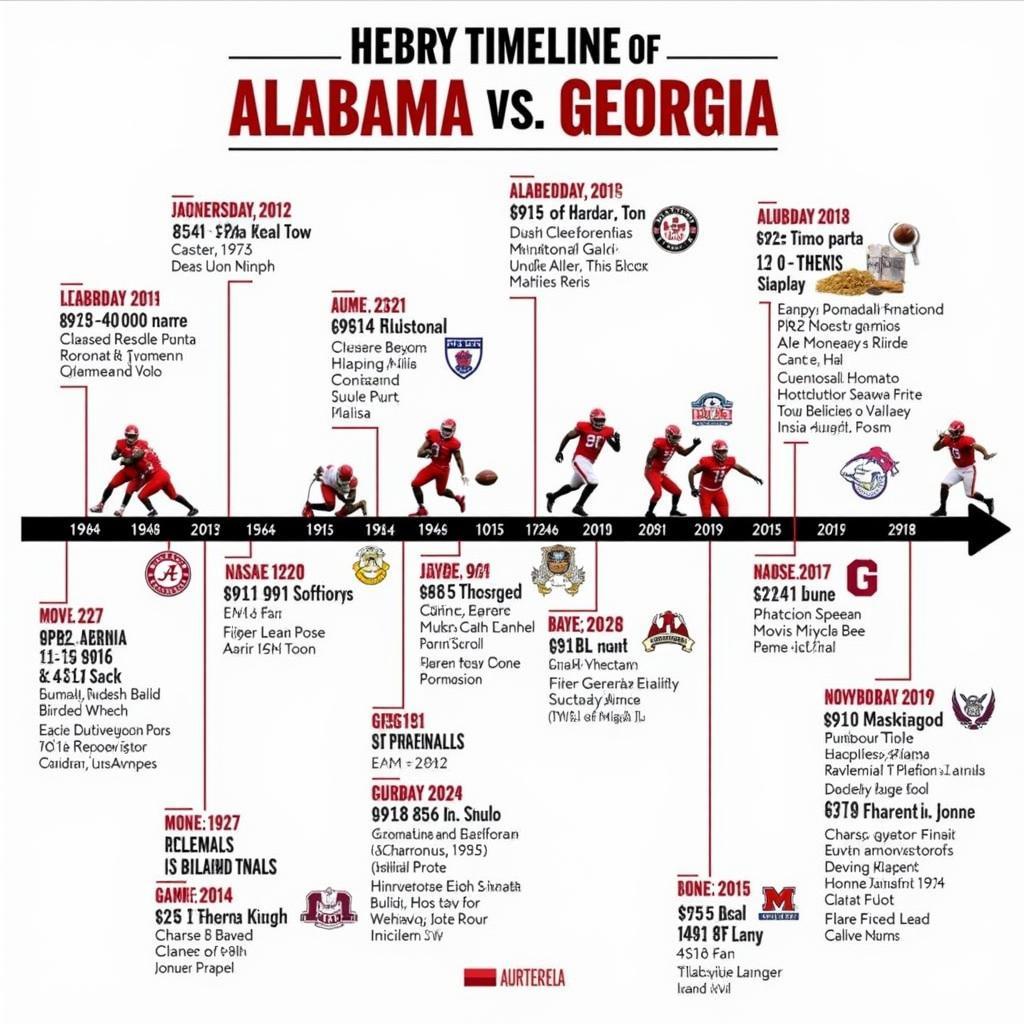 Alabama-Georgia Football Rivalry History: A visual timeline showcasing key moments and game results in the history of the Alabama-Georgia football rivalry.