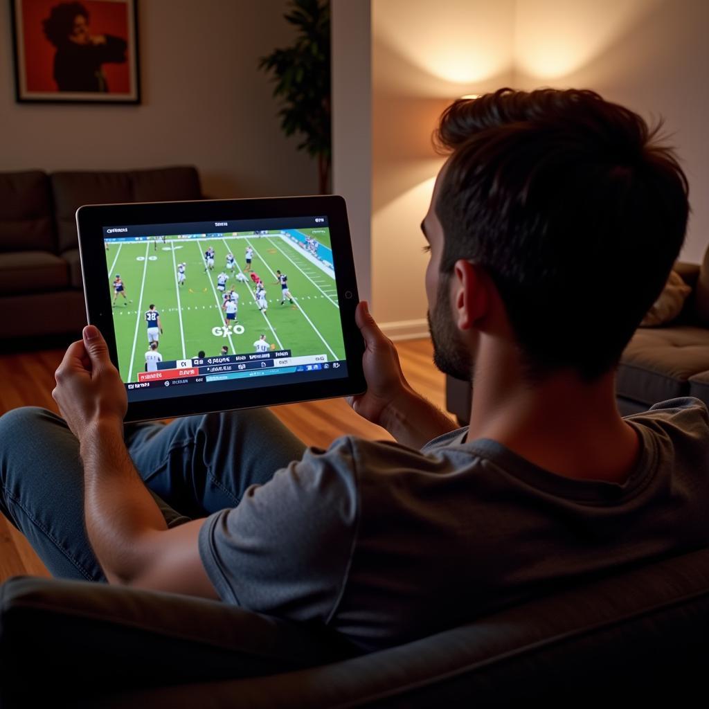 A person watching NFL football live on Amazon Prime via their tablet.