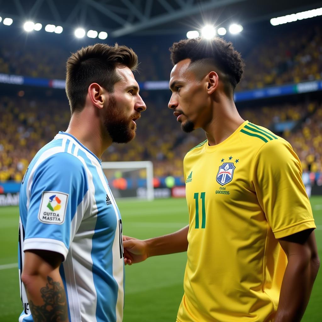 Messi and Neymar face off in an intense Arg vs Bra live football match.