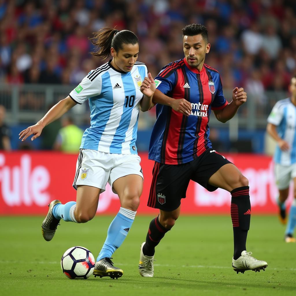 Key players from Argentina and Paraguay contesting a crucial moment during a live football match.