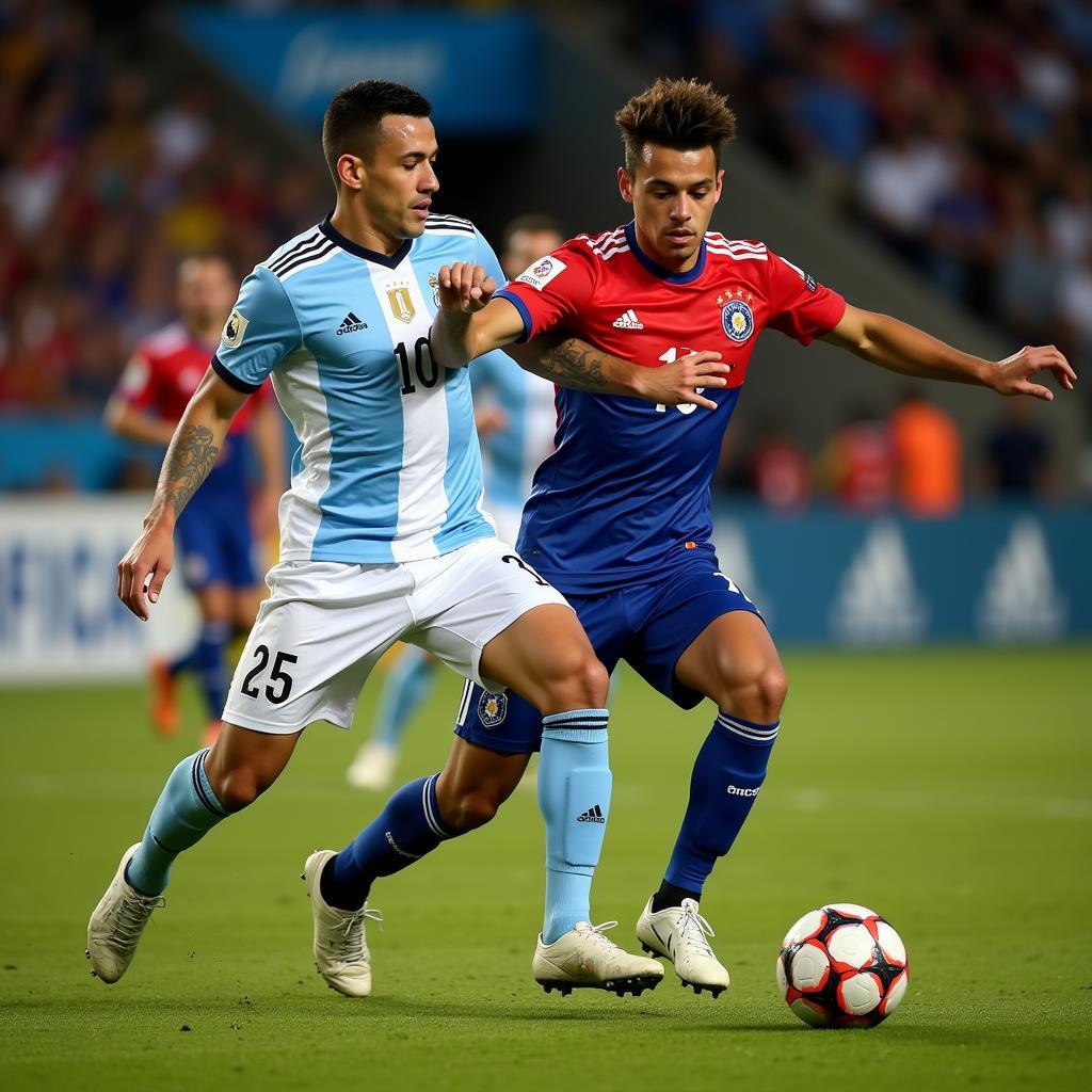 Argentina and Paraguay players locked in a tactical battle during a live football match.