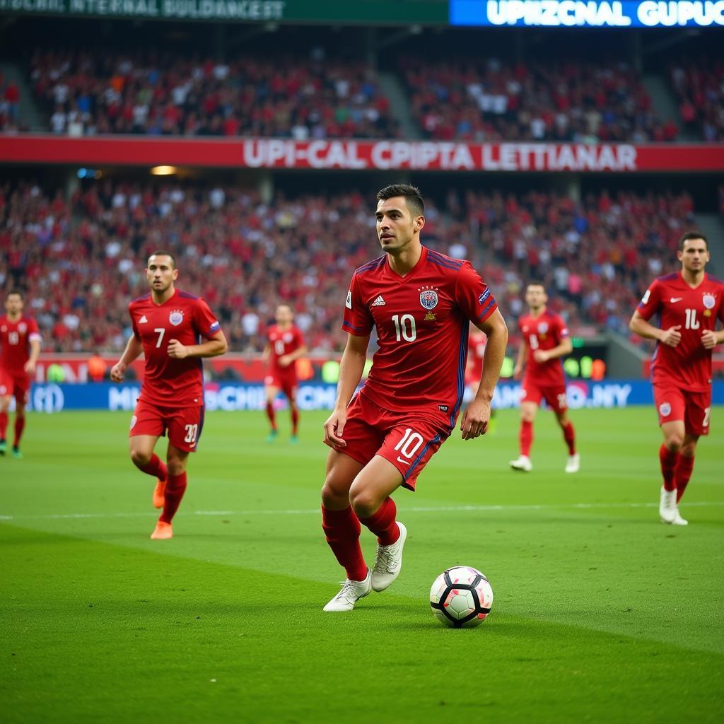 Armenian national team playing a live football match in a packed stadium.