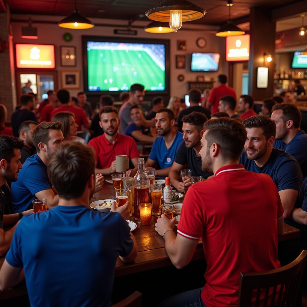 Arsenal and Everton Fans Watching Match at Pub