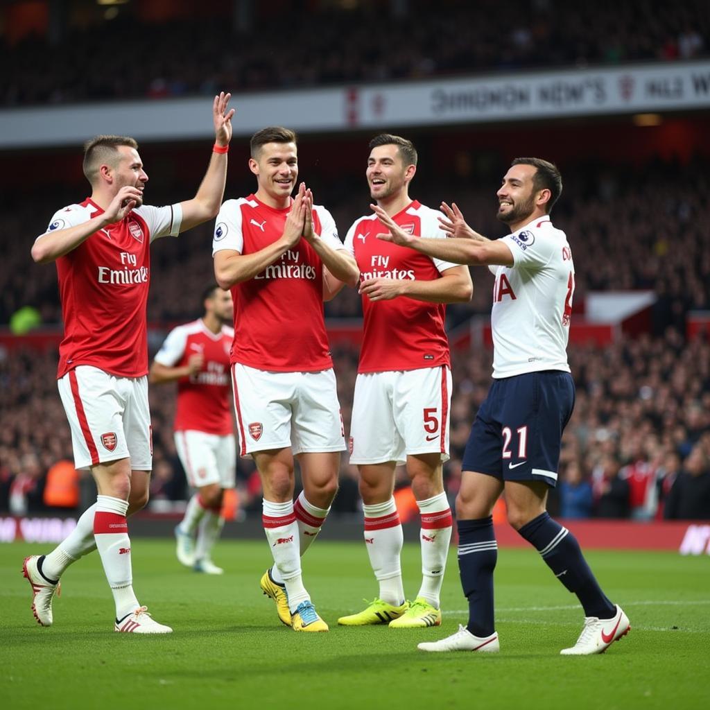 Arsenal players celebrate after defeating Tottenham in the FA Cup semi-final at Wembley in April 2017