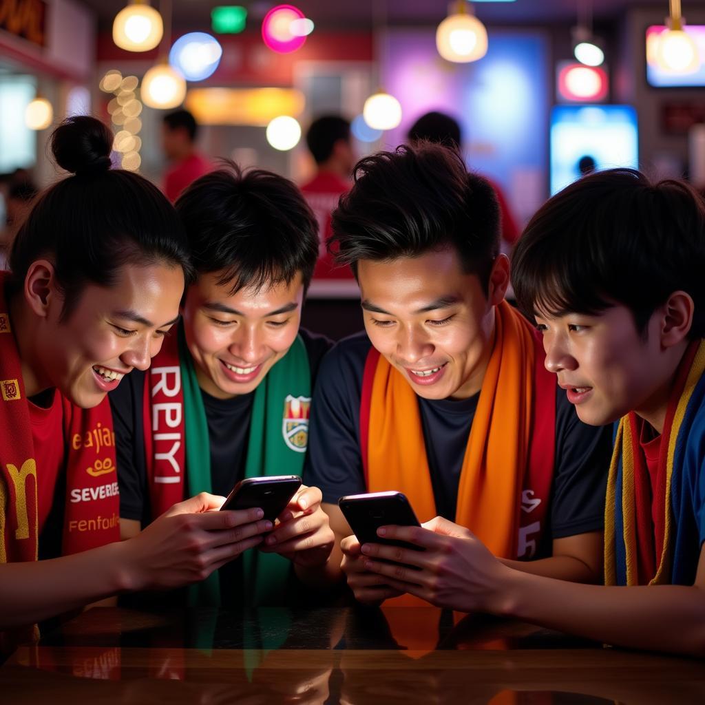 Asian Football Fans Checking Live Score on Mobile Phones