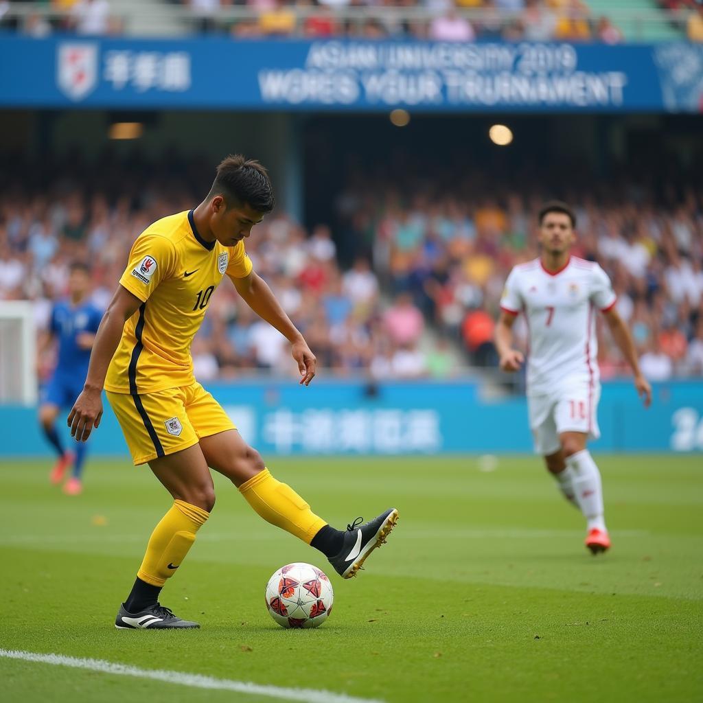 Asian University Football Tournament 2019: A player takes a free kick.