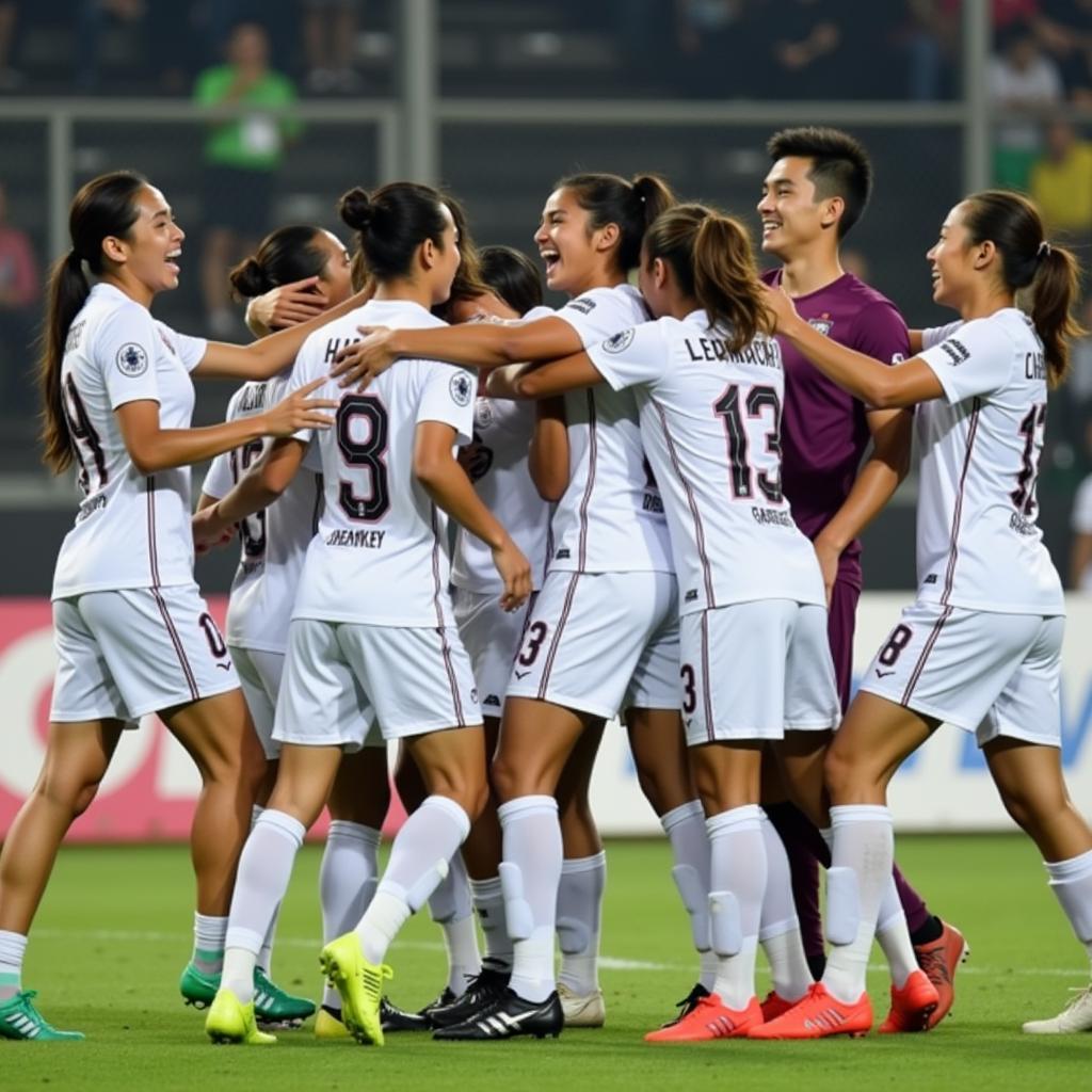 Asian University Football Tournament 2019: Players celebrate a goal.