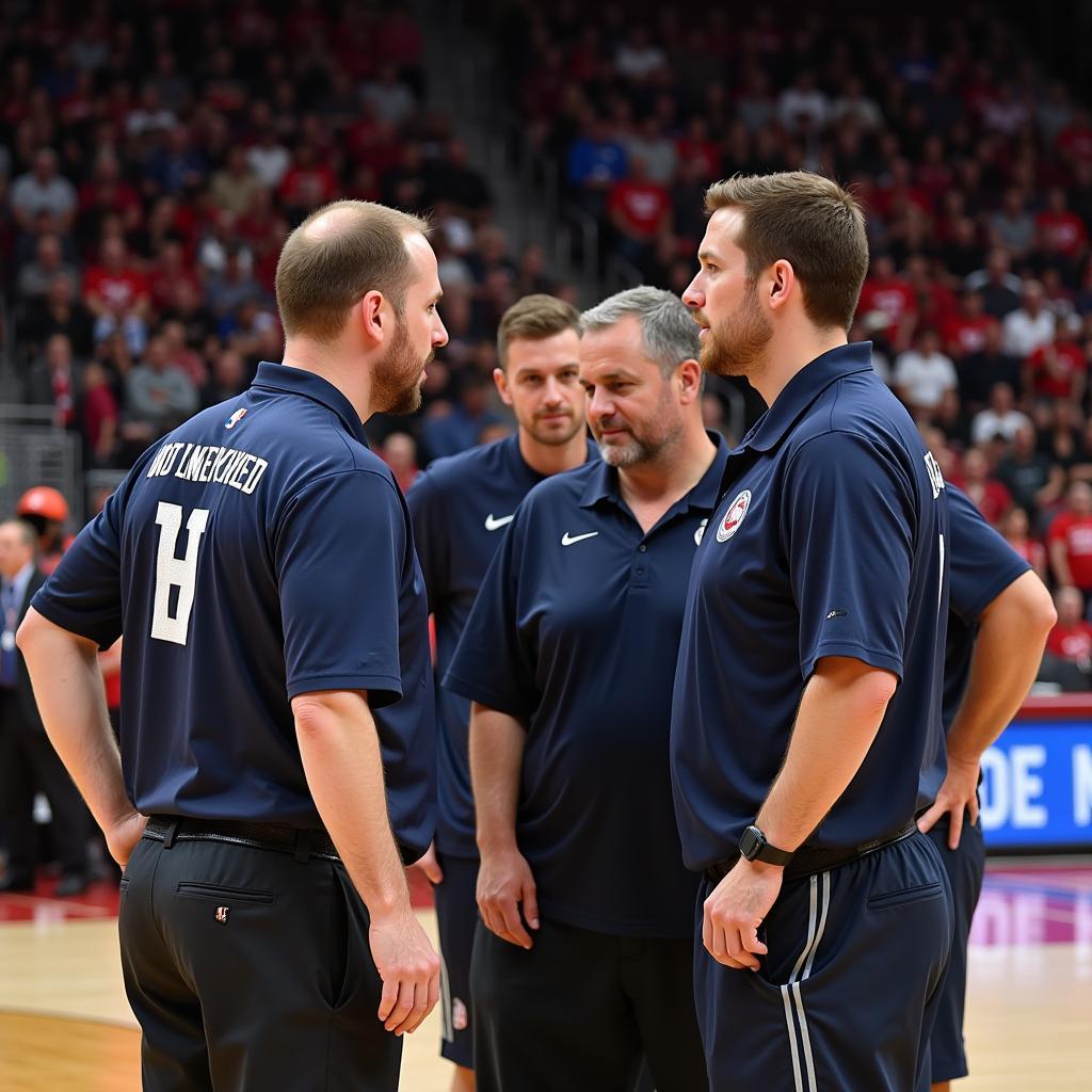 Coaches from Atlanta and Birmingham discussing strategy during a timeout