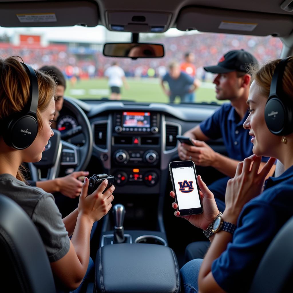 Live audio streaming of an Auburn football game with fans listening on their phones and radios