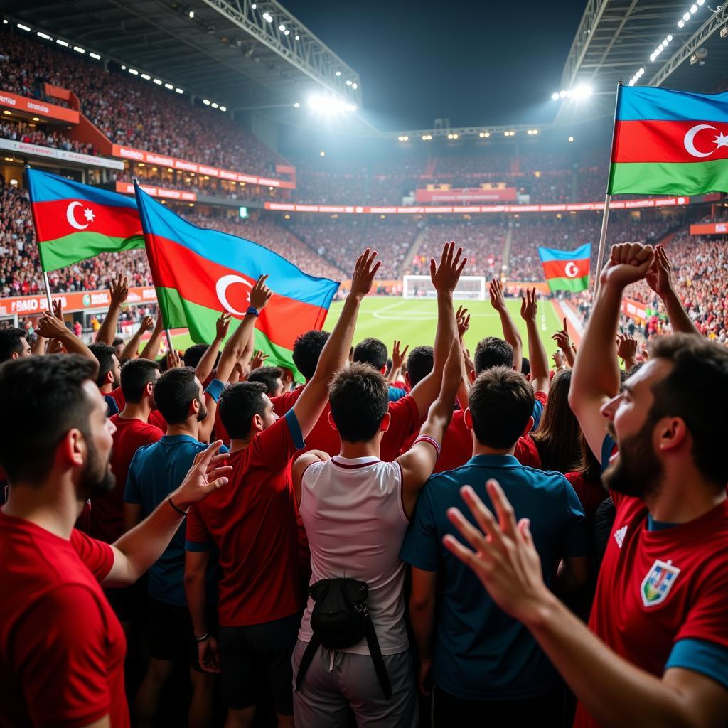 Azerbaijani football fans celebrating a goal during a match.