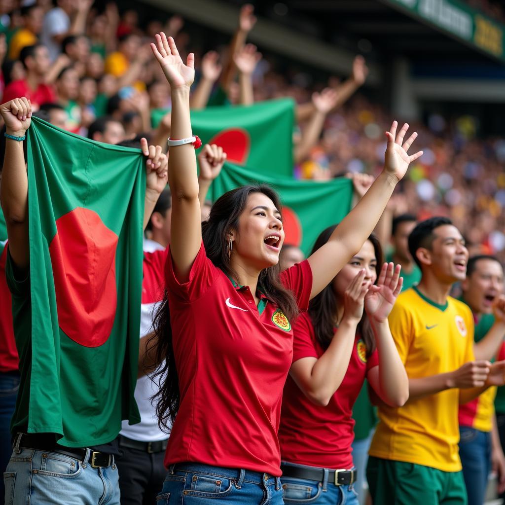 Fans of Bangladesh and Bhutan celebrate during a football match.