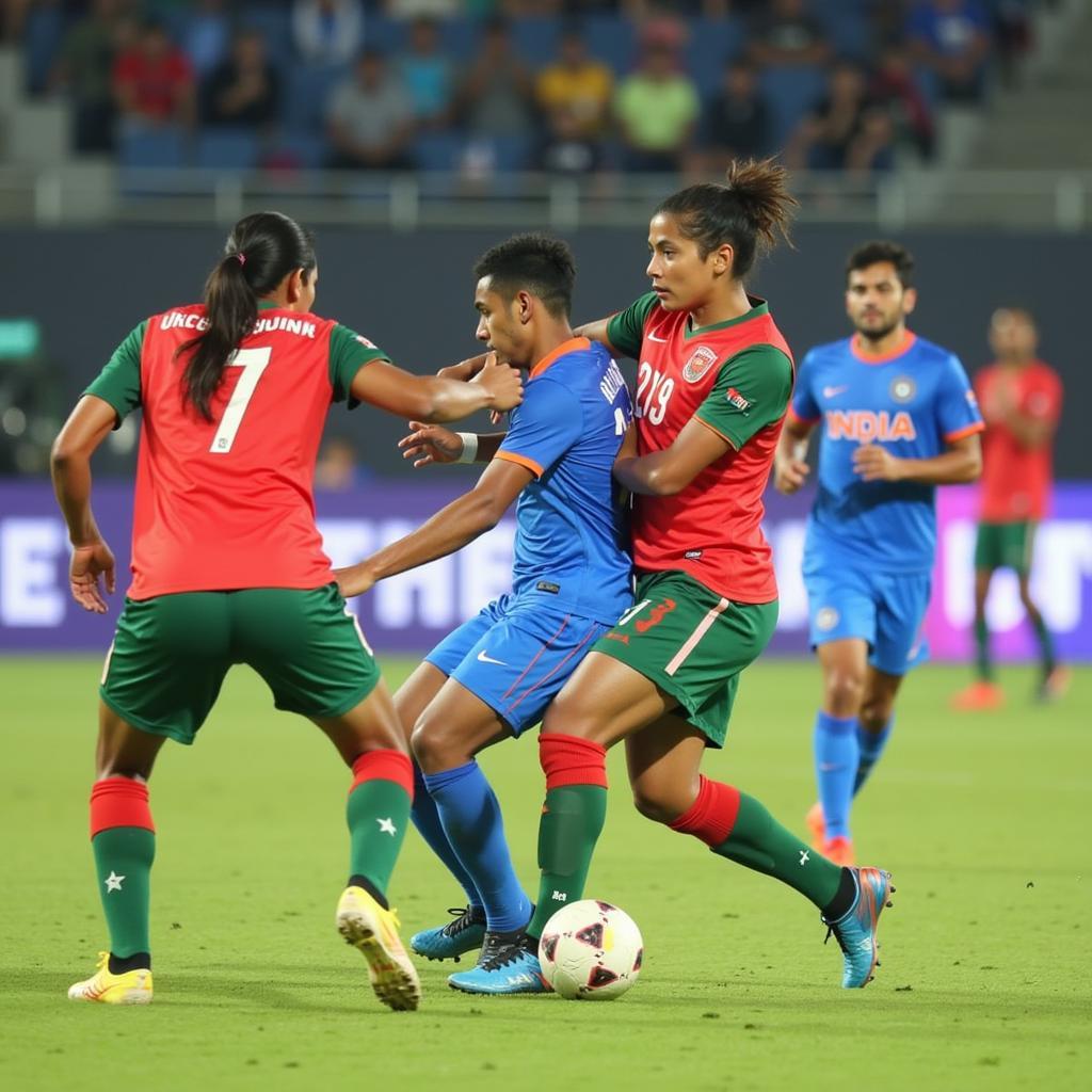 Bangladesh U19 and India U19 players contesting a ball