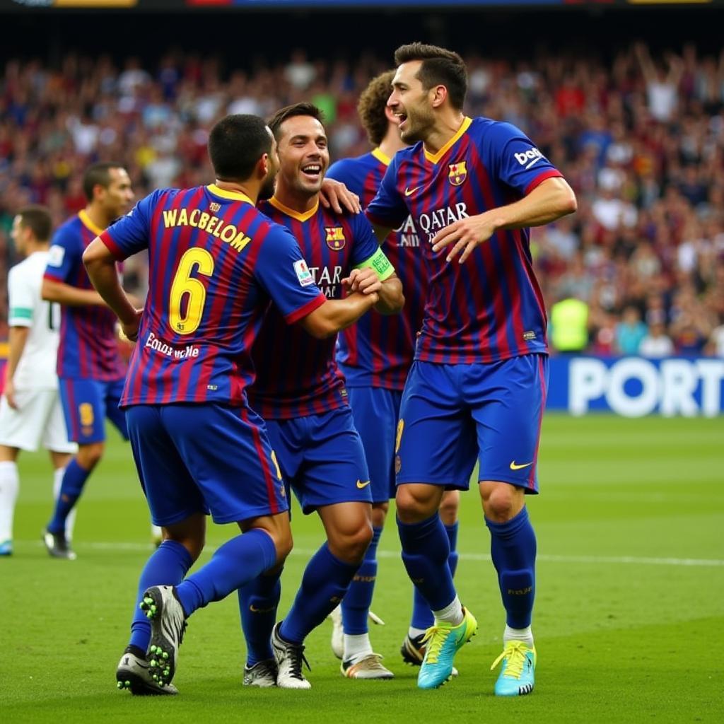 Barcelona players celebrating a goal against Real Madrid in 2013