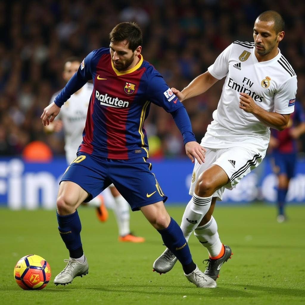 Lionel Messi dribbling past Real Madrid defenders in 2013