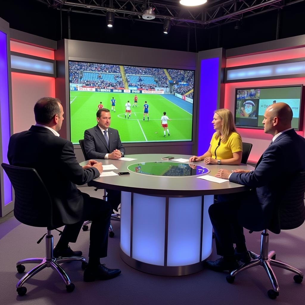 BBC Alba studio with pundits analyzing a Gaelic football match.