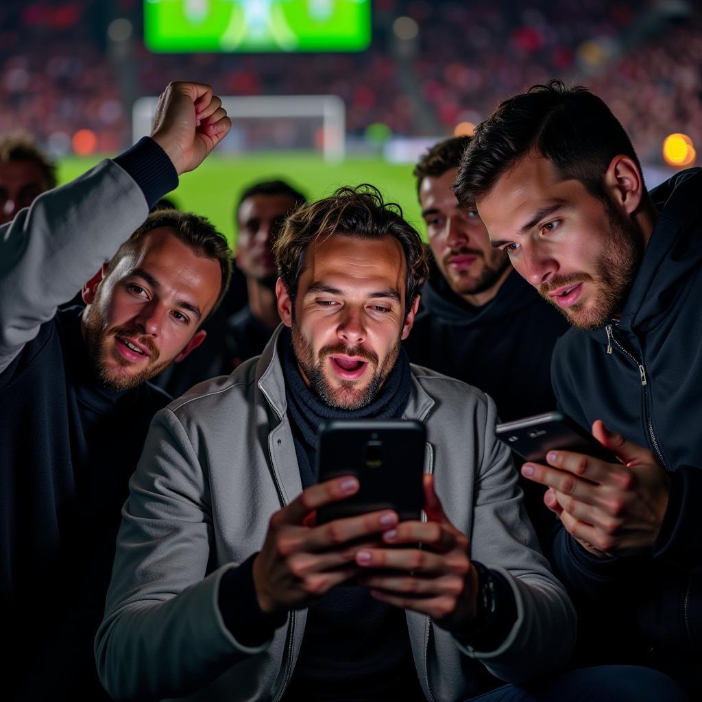 Fans checking live scores on their phones during a League 1 match.