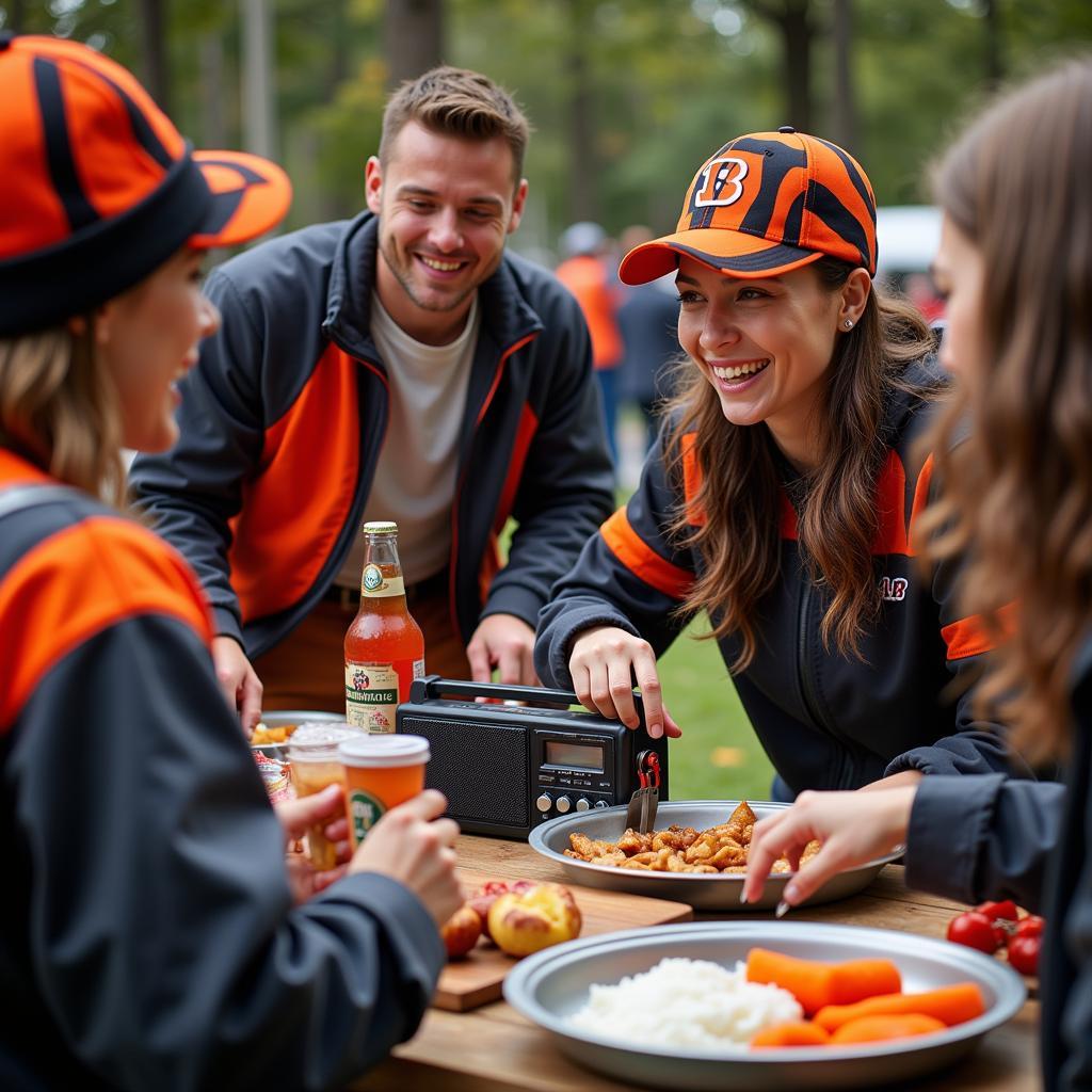 Bengals Tailgate Party with Fans Listening to the Game on the Radio