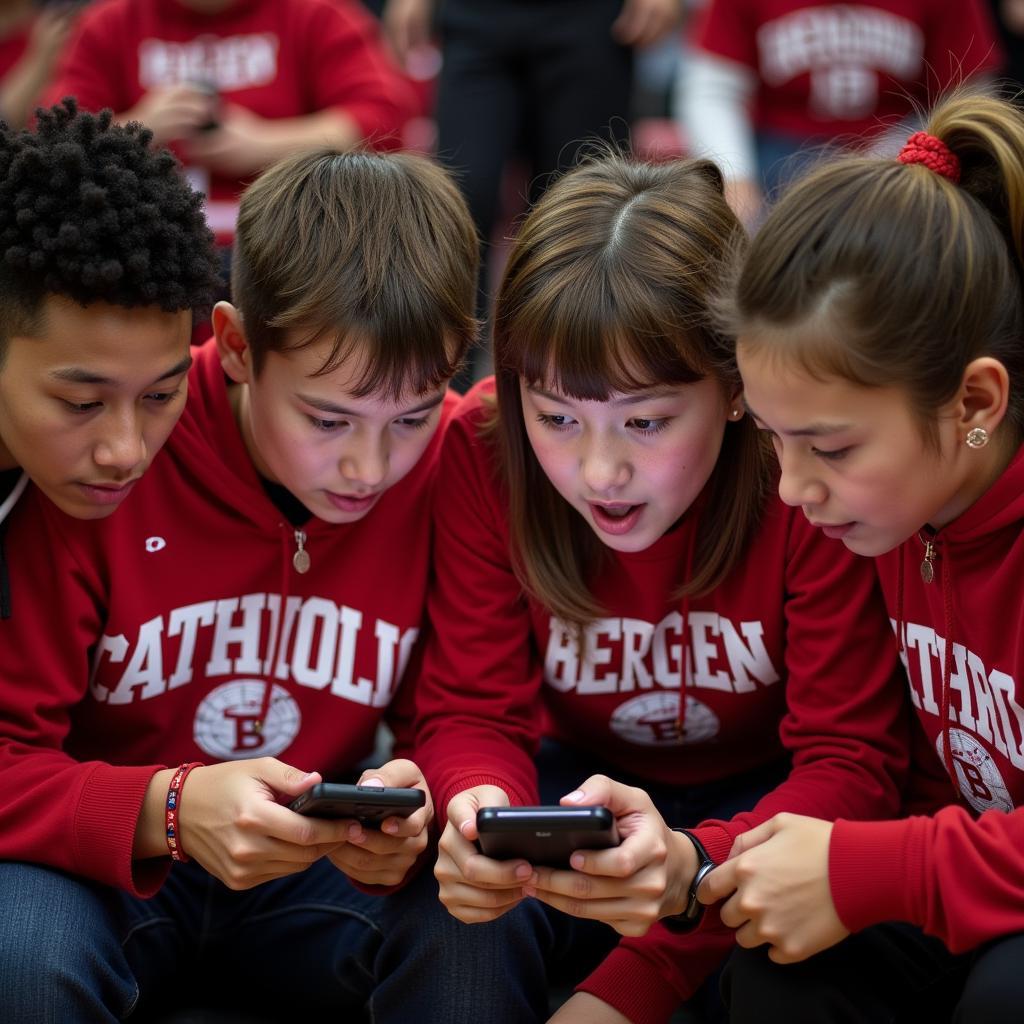 Bergen Catholic Fans Checking Live Scores During Game