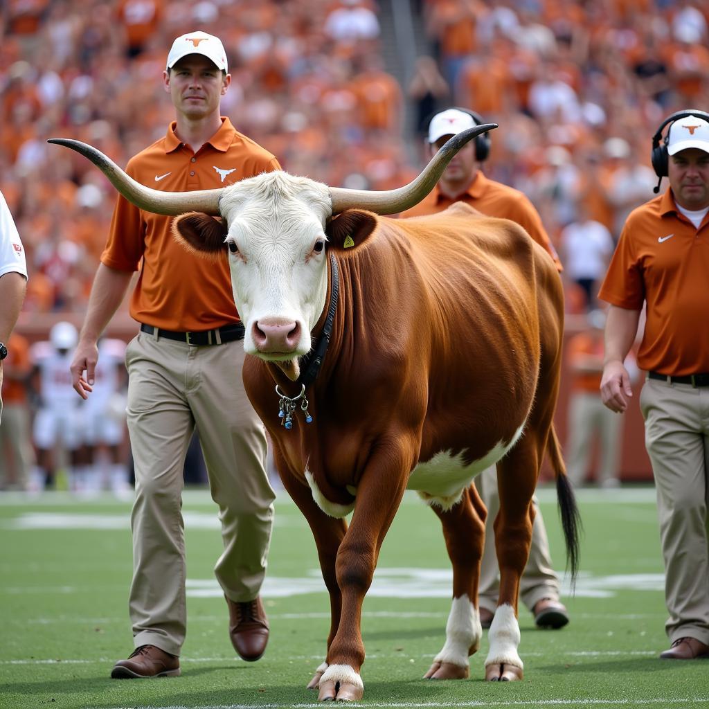 Bevo the Longhorns mascot stands on the sidelines