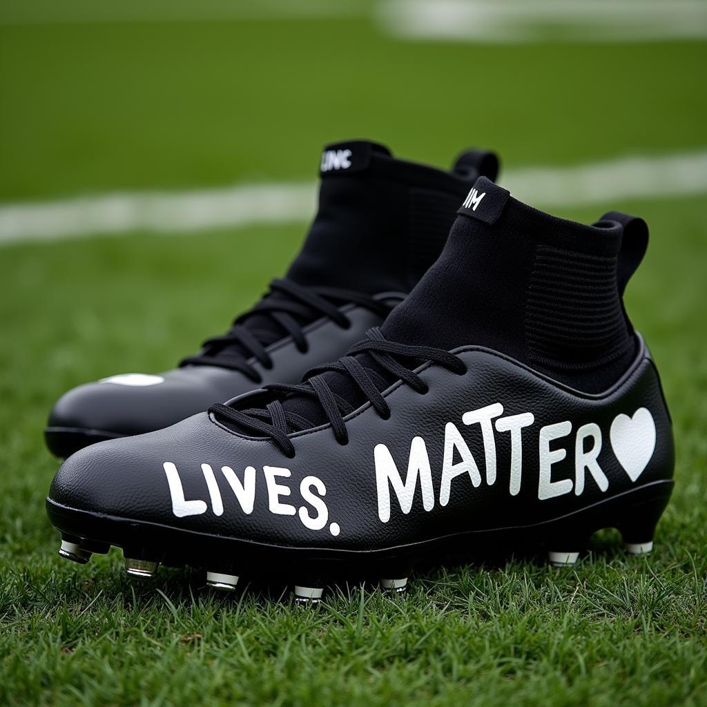 Close-up of Black Lives Matter football cleats