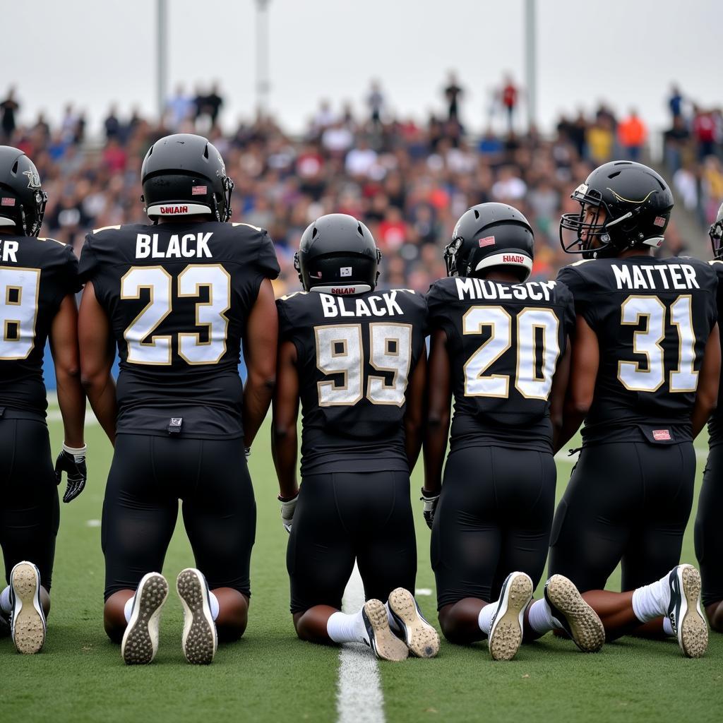 Football players kneeling with Black Lives Matter on their shirts