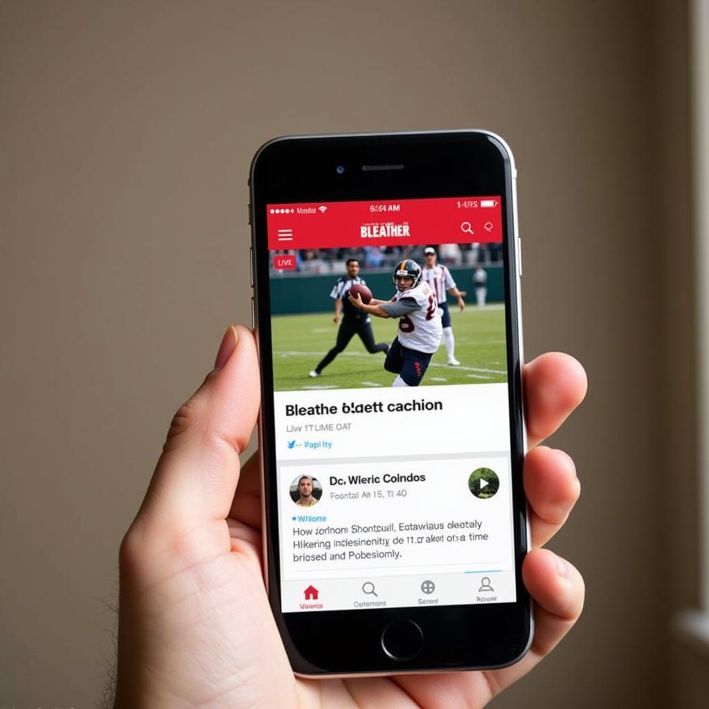 Bleacher Report Mobile App Interface: A hand holding a mobile phone displaying the Bleacher Report app, with a live football game update in focus.