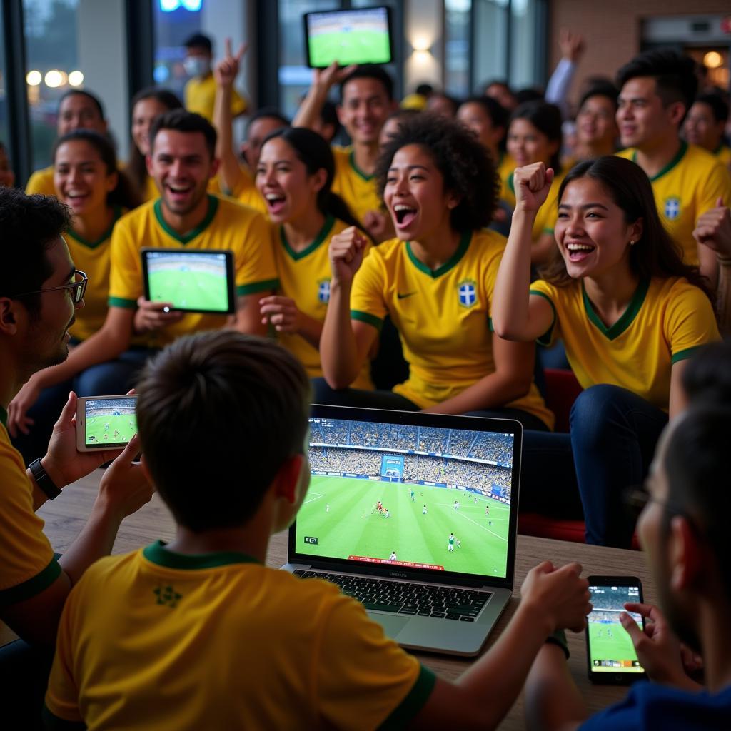 Fans watching Brazil football live streaming on multiple devices.