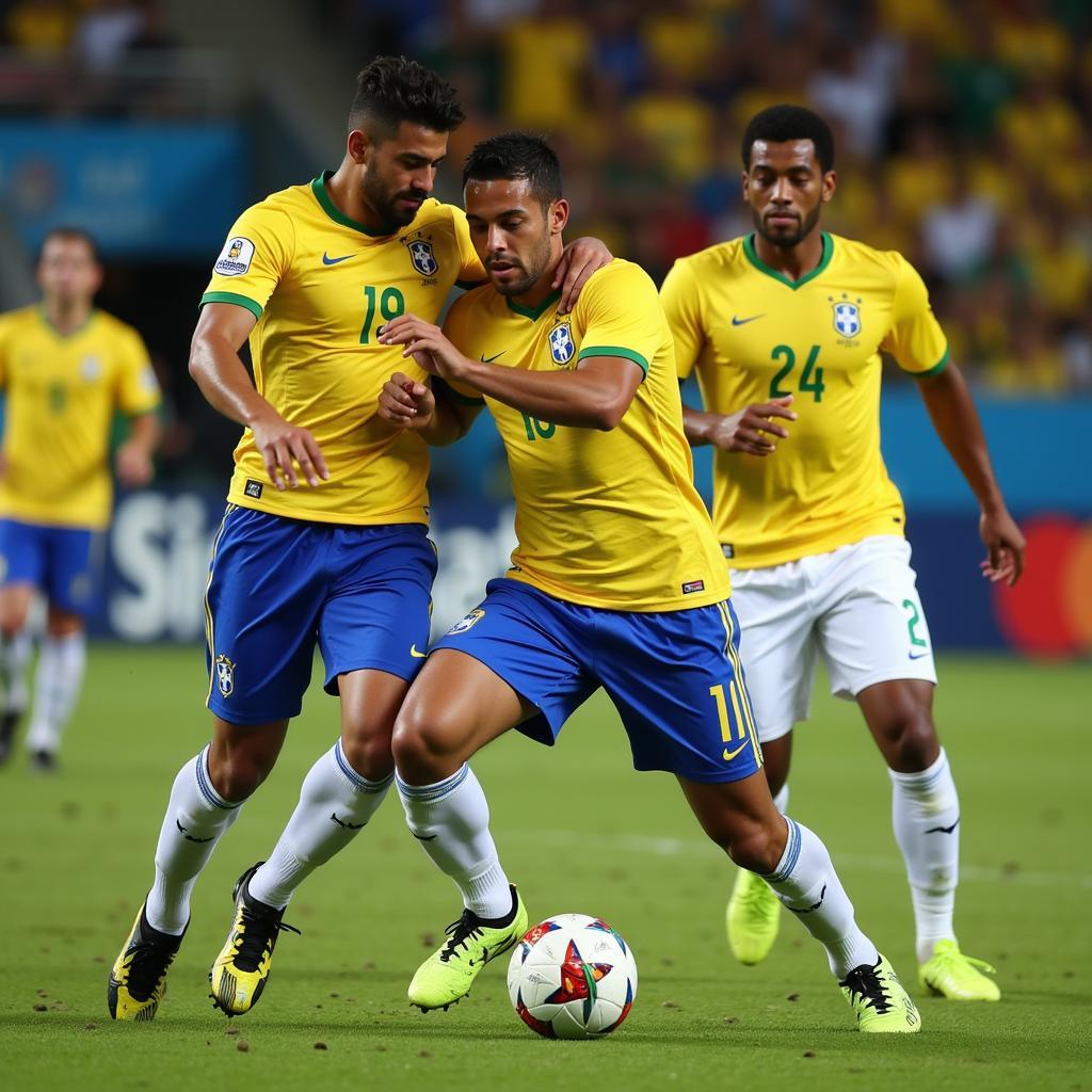 Brazil and Panama midfielders clashing during a live football match