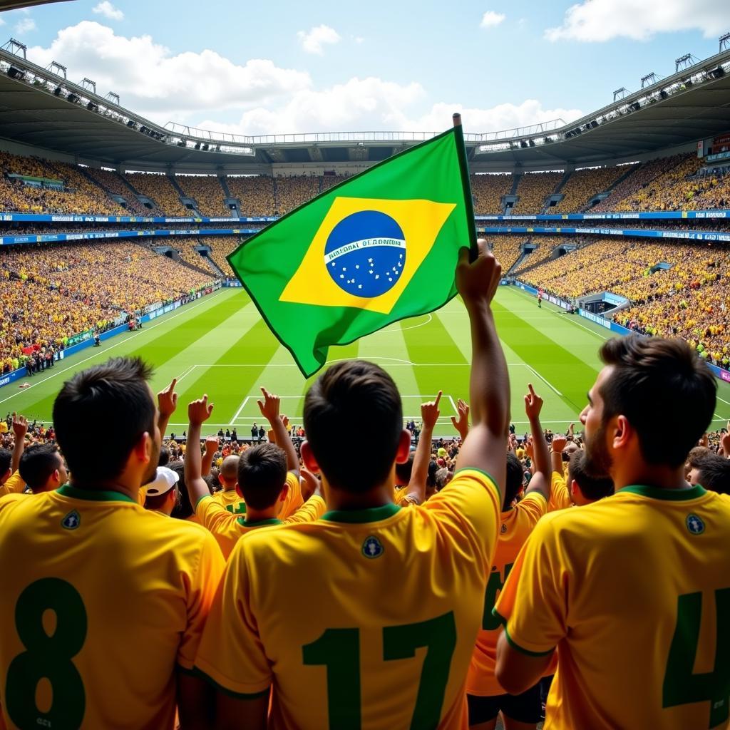 Brazilian football fans celebrating a goal in a packed stadium