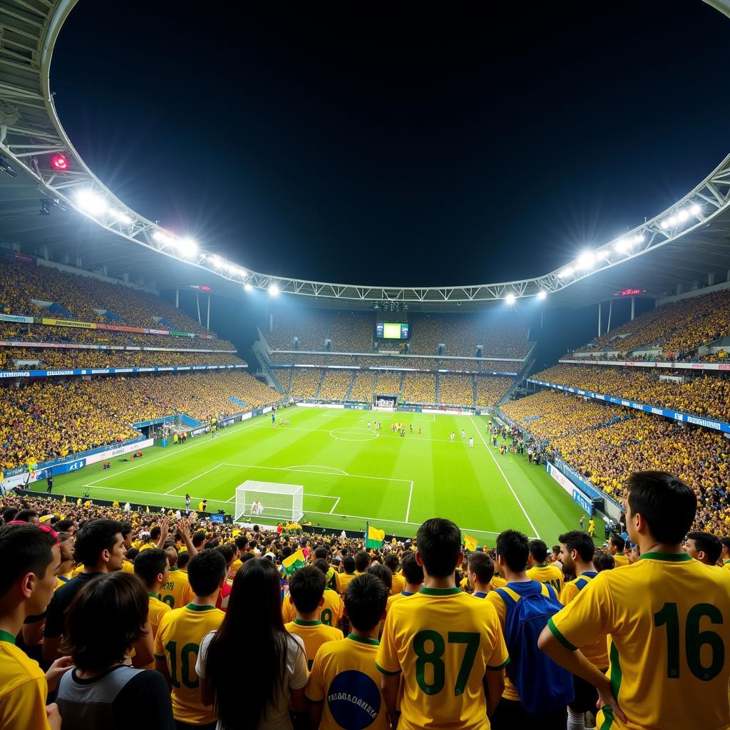 The vibrant atmosphere of a Brazilian football stadium during a match.