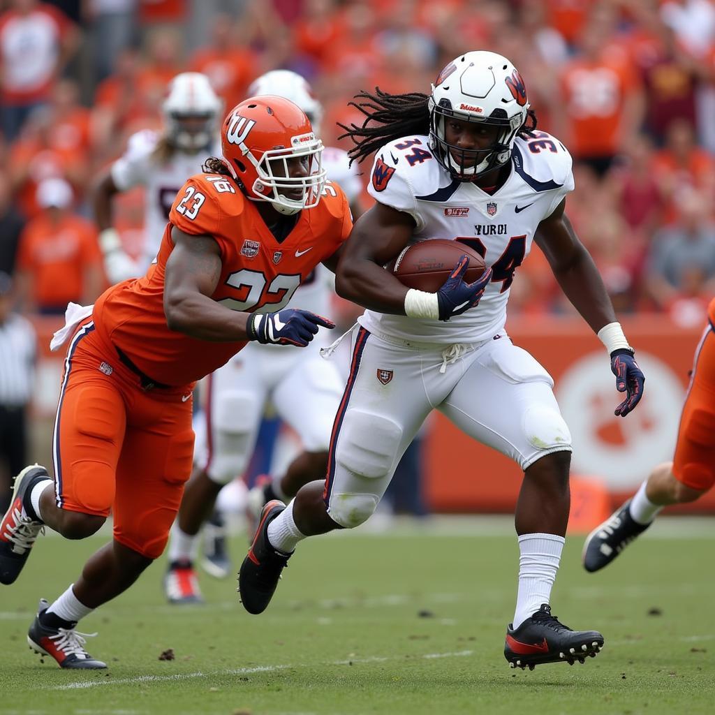 Bryce Perkins scrambling for yards against the Clemson defense during the 2019 ACC Championship game.