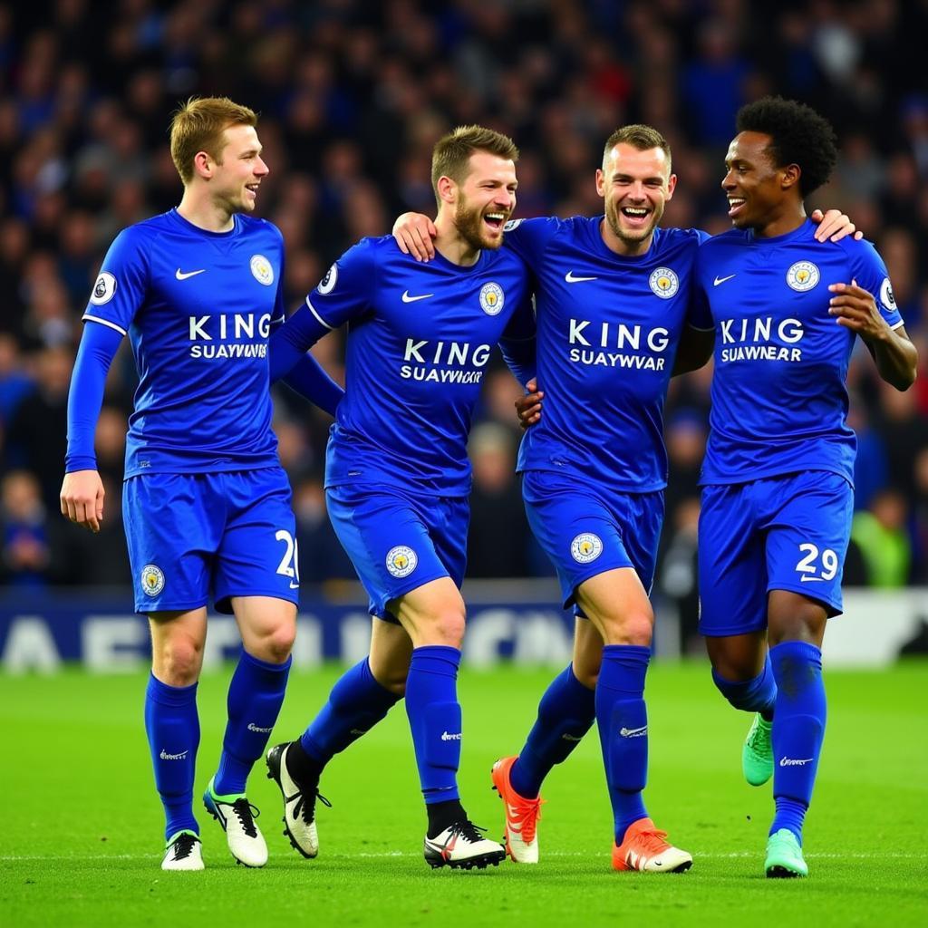 Leicester City celebrating a goal in March 2016