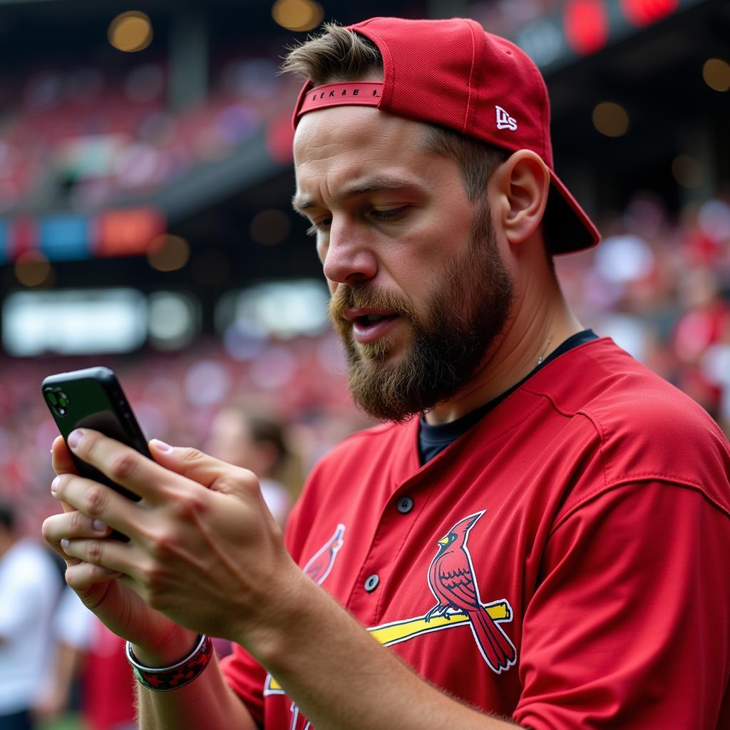 Cardinals Fan Checking Live Score on Phone