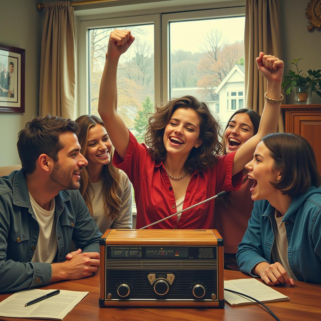 Fans celebrating a goal while listening to the radio