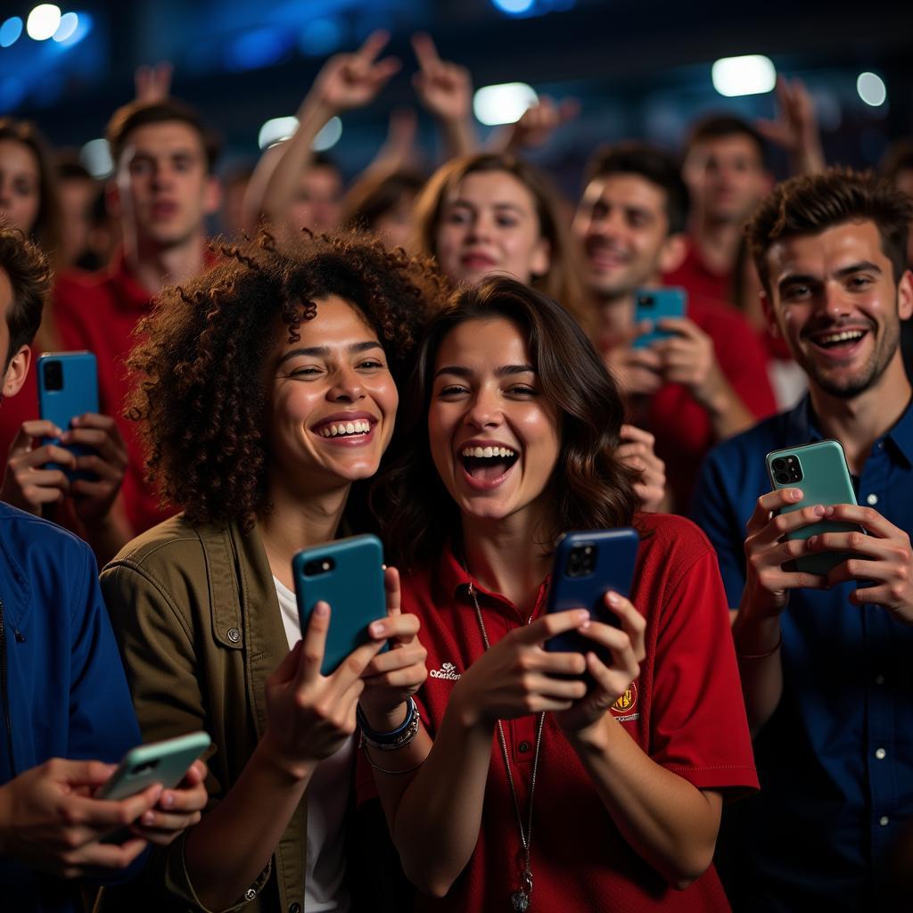 Champions League Fans Checking Live Scores on their Phones