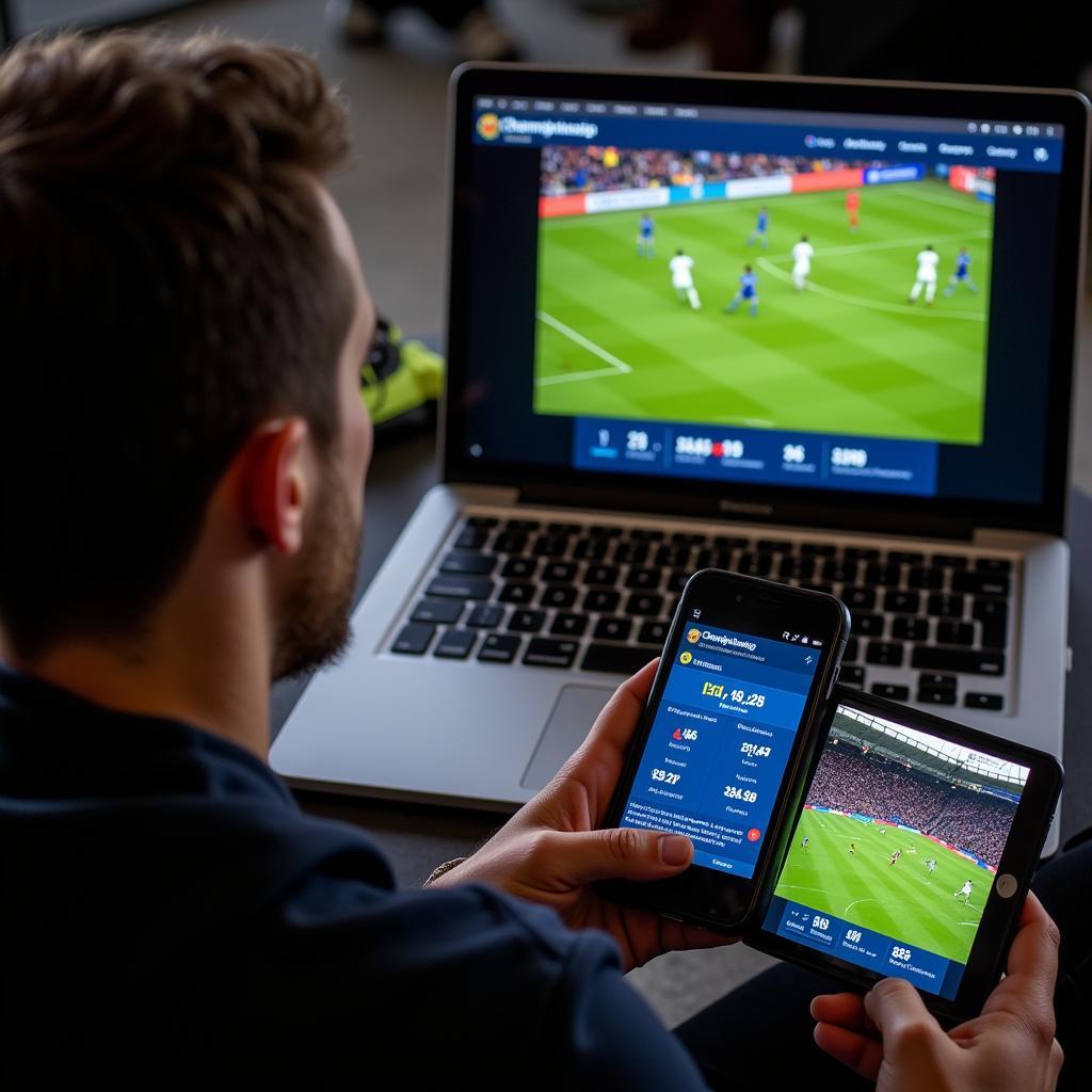 Championship football fan engaging with live scores on multiple devices